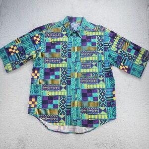 Introspect Shirt Mens Large 90s Multicolor Geometric S/S Button Up Cotton Casual